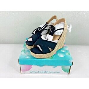 Soda Women Lone S Black Wedge Sandal Shoe Ankle Strap Casual NWT